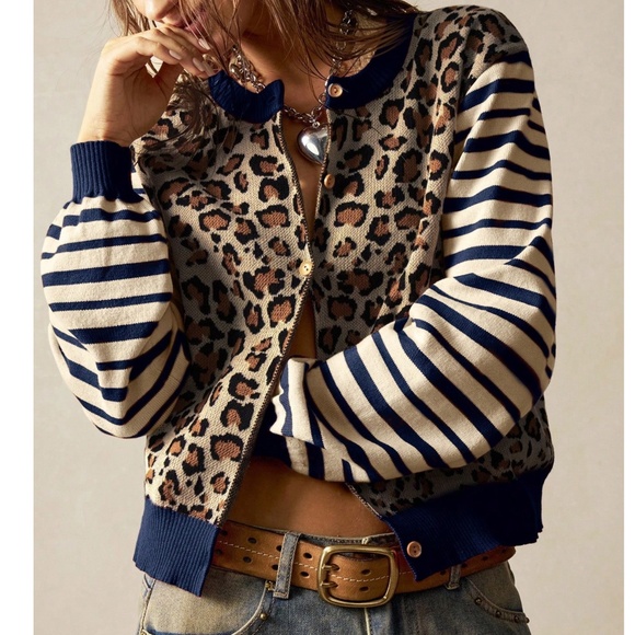 Cozy Leopard Print Striped Button Down Light Loose fit Cardigan - Picture 1 of 5
